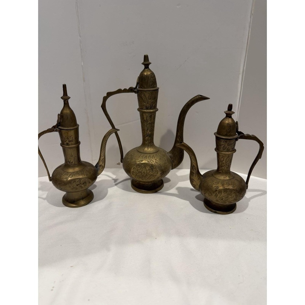 Lot of 3 Antique Brass Middle Eastern Dallah Coffee Tea Pots Turkish Kettle - Picture 3 of 14